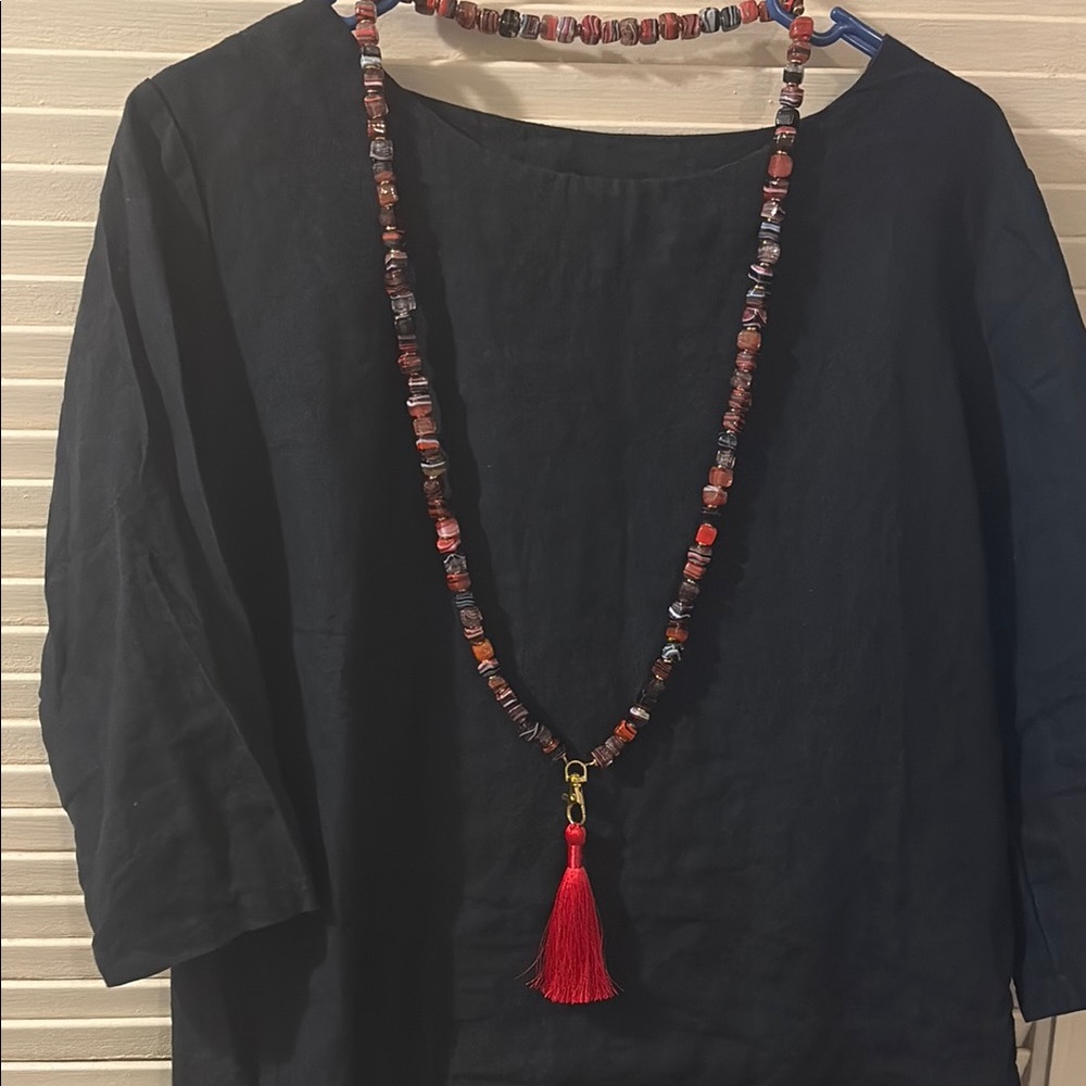 Turkish Artisan Handmade Square Glass Red Beaded Necklace with Tassel